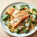 Salade met zalm, spinazie en mieriksworteldressing