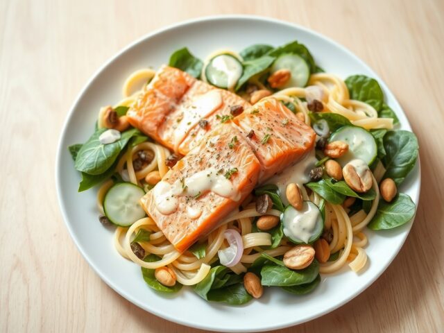 Salade met zalm, spinazie en mieriksworteldressing