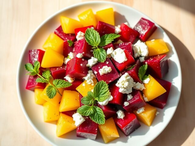 Salade van ananas en rode bieten met feta