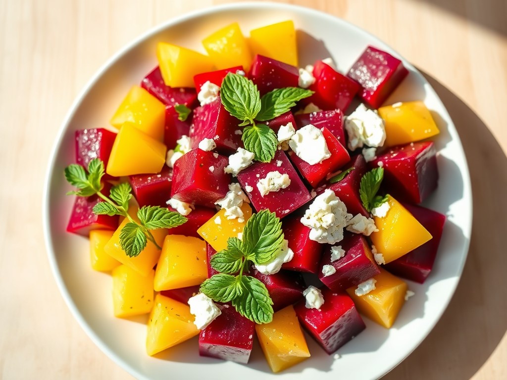 Salade van ananas en rode bieten met feta, AI-gegenereerde illustratie