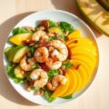 Salade van avocado, mango, garnalen en pijnboompitten