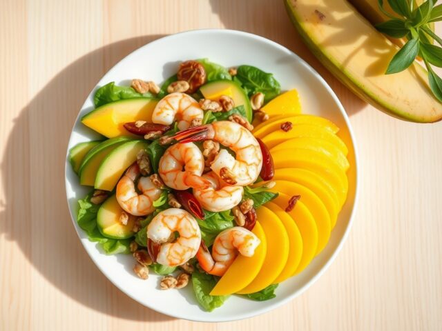Salade van avocado, mango, garnalen en pijnboompitten