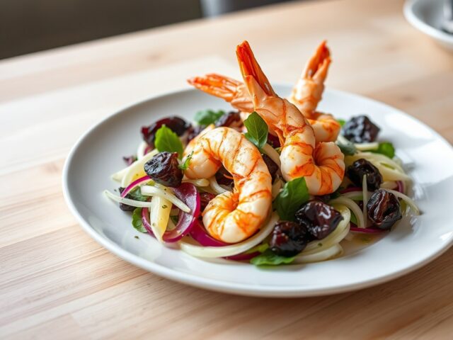 Salade van gamba’s,venkel en pruimen