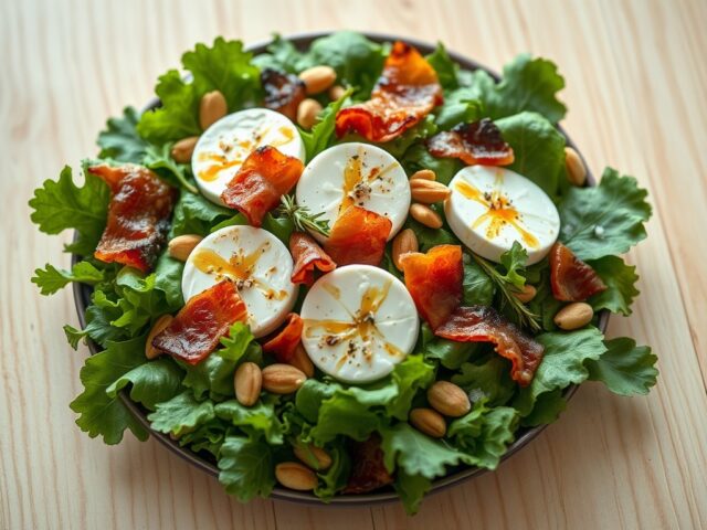 Salade van geitenkaasjes met gerookt spek en rozem