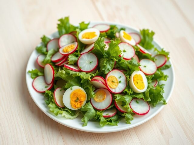 Salade van jonge blaadjes,radijs en kwarteleitjes