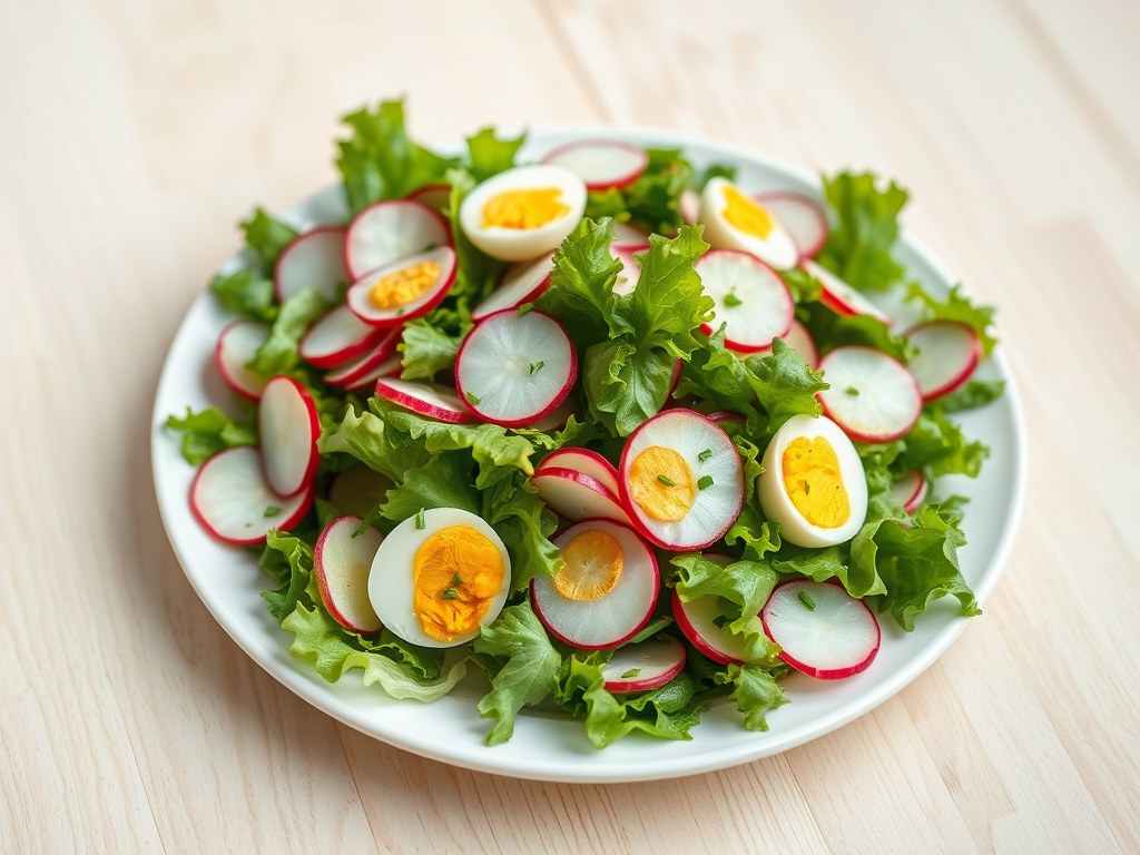 Salade van jonge blaadjes,radijs en kwarteleitjes, AI-gegenereerde illustratie