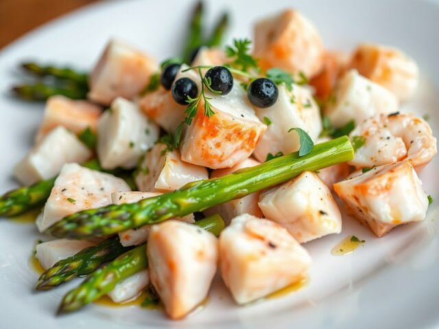 Salade van kreeft met artisjokken, asperges en kaviaar