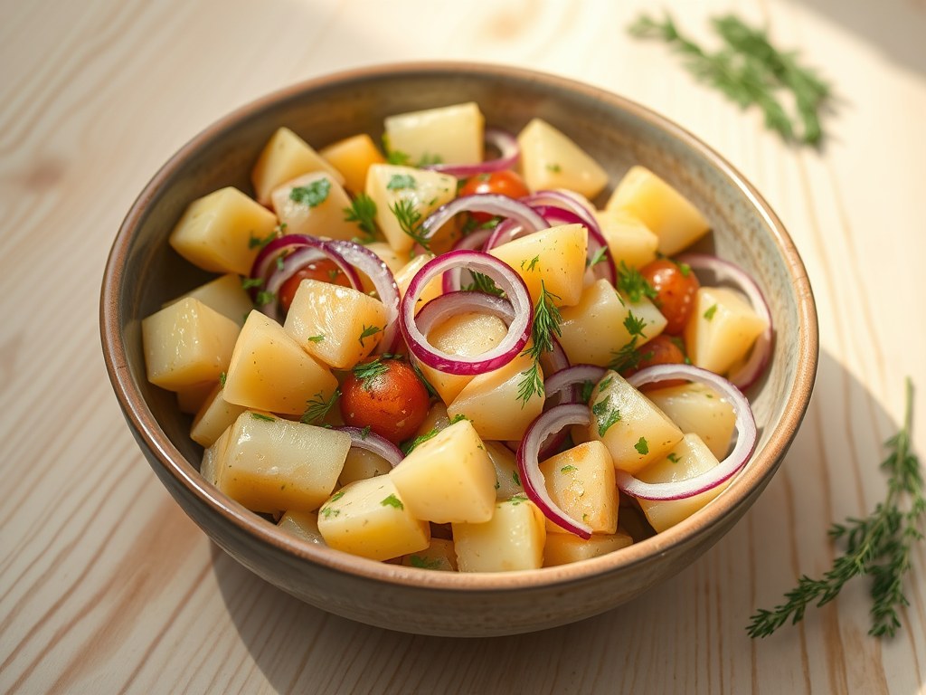 Salade van krieltjes, dille en rode uien, AI-gegenereerde illustratie