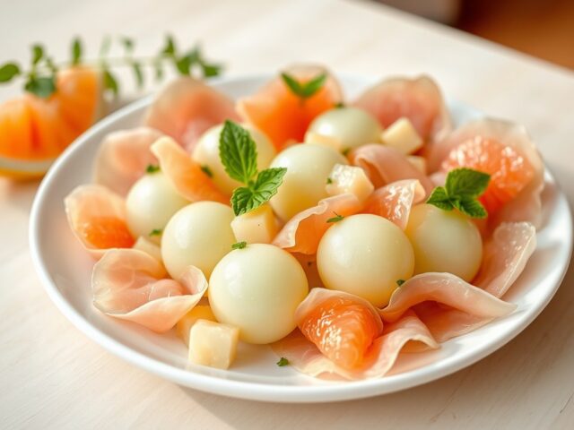 Salade van meloen en pompelmoes met ham en champagnegelei