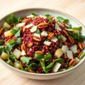 Salade van rode quinoa, witte druiven, pecannoten en Parmezaanse kaas, salievinaigrette