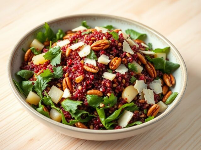 Salade van rode quinoa, witte druiven, pecannoten en Parmezaanse kaas, salievinaigrette