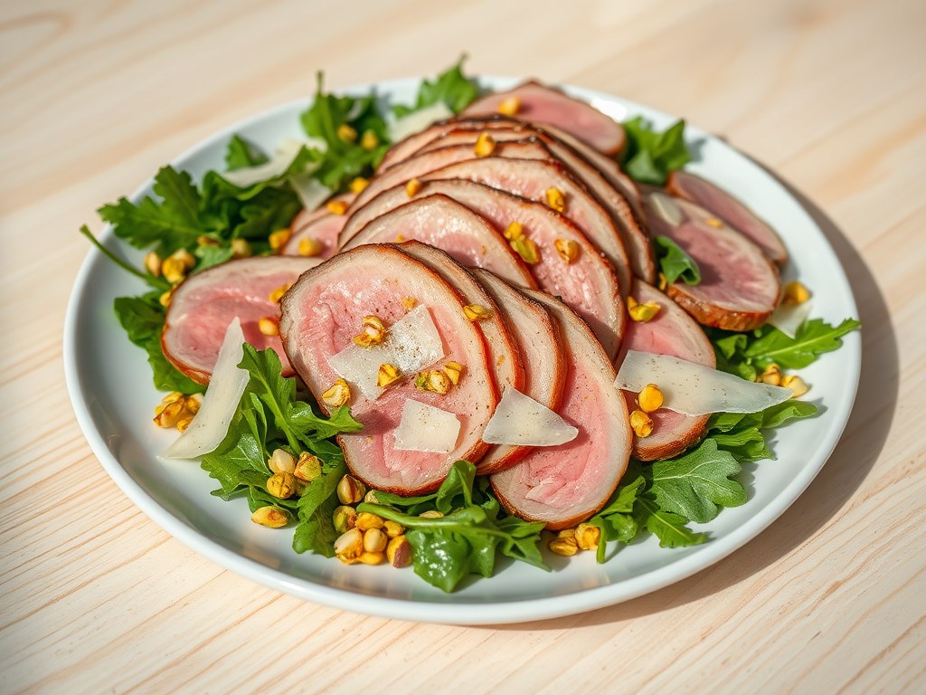 Salade van rosé gebakken varkenshaas, AI-gegenereerde illustratie