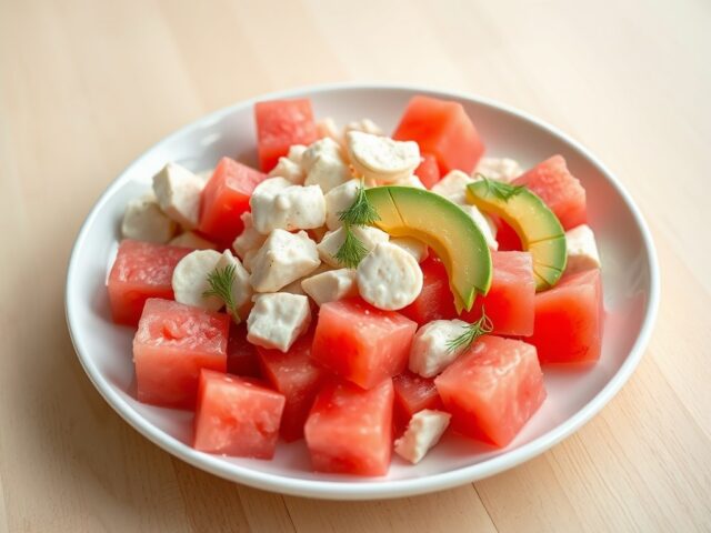 Salade van watermeloen, krab en avocado