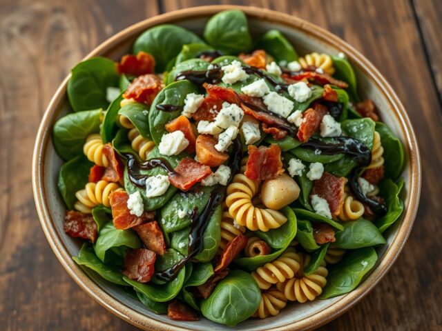 Salade van wilde bladspinazie met spek en kaas