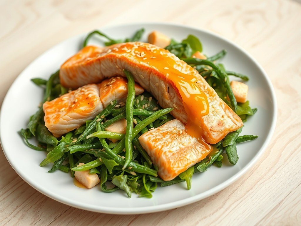 Salade: Warme salade van zalm en sesamzaad, AI-gegenereerde illustratie