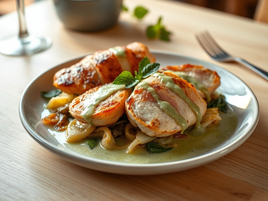 Saltimbocca met muntsaus, AI-gegenereerde illustratie