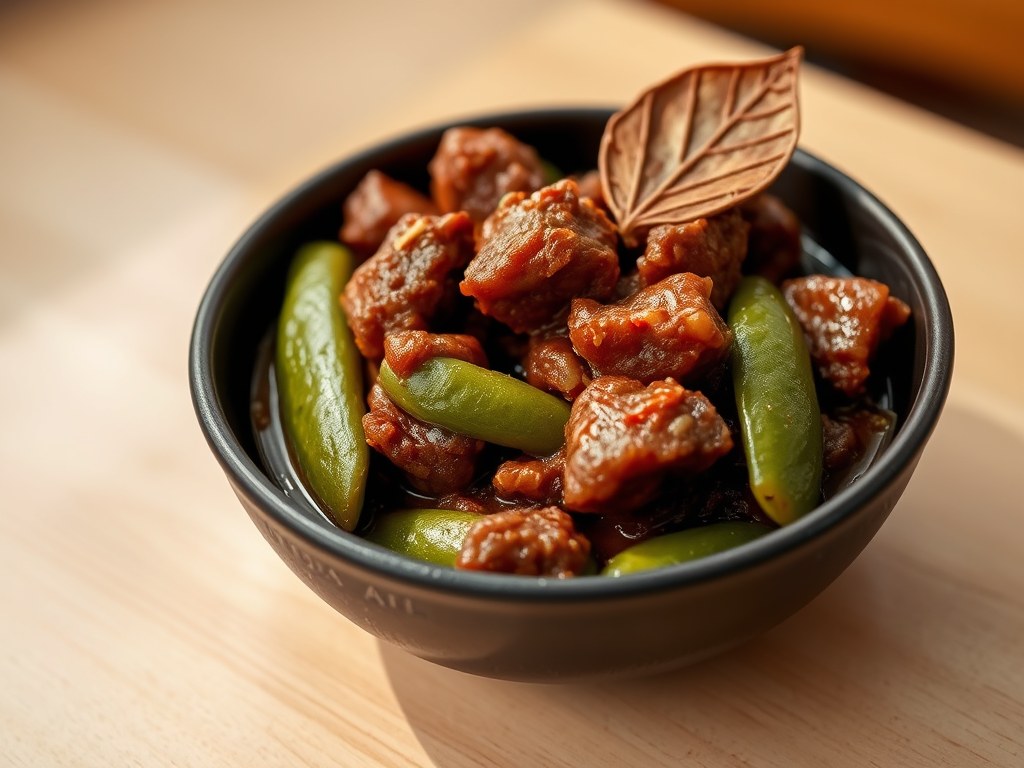 Sambal goreng daging peteh (rundvlees gerecht), AI-gegenereerde illustratie