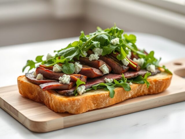 Sandwich met gegrilde biefstuk en blauwaderkaas