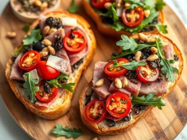 Sandwiches met tapenade, rucola en rosbief