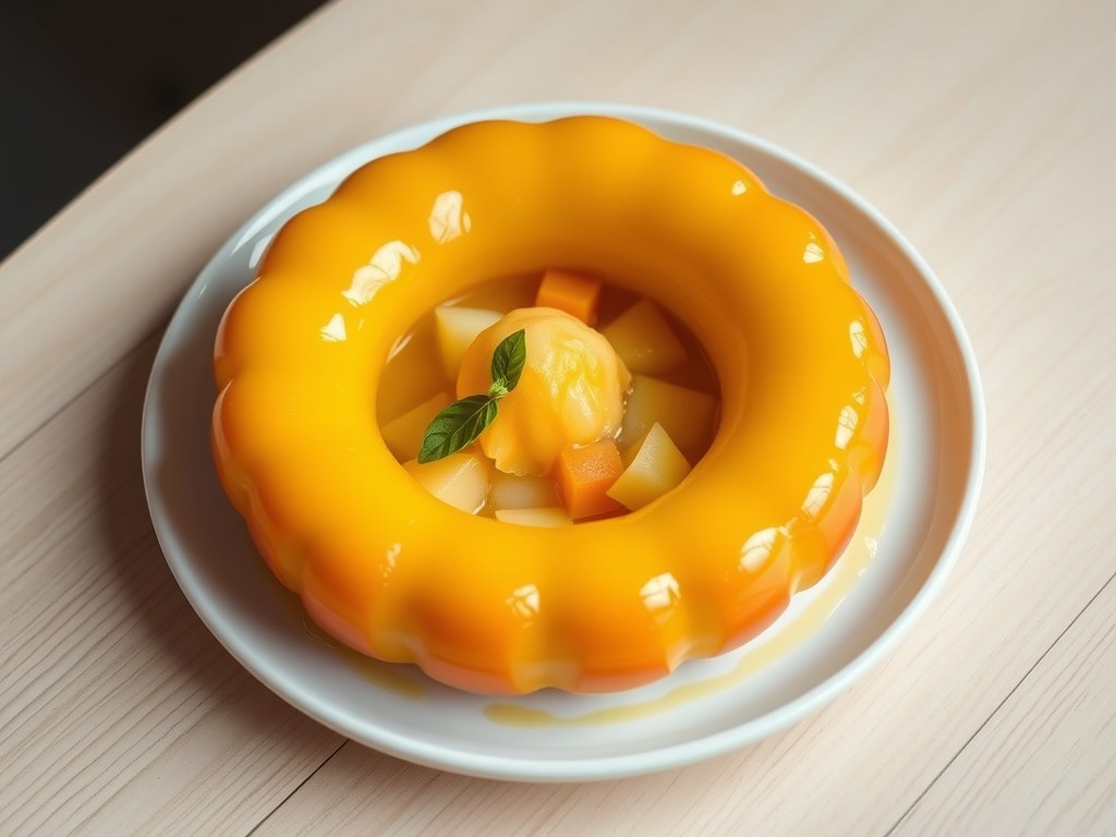 Savarin van mango met meloen en basilicumstroop, AI-gegenereerde illustratie