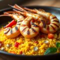 Scampi’s met chilipepertjes en saffraanrijst