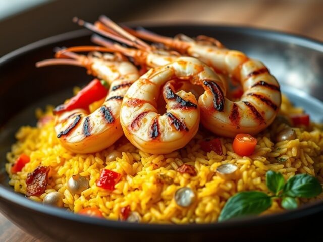 Scampi’s met chilipepertjes en saffraanrijst