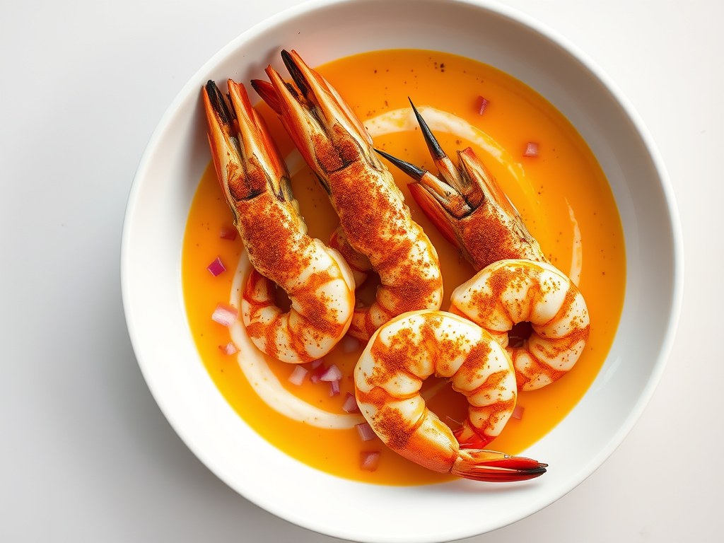 Scampi’s met mangogazpacho, AI-gegenereerde illustratie