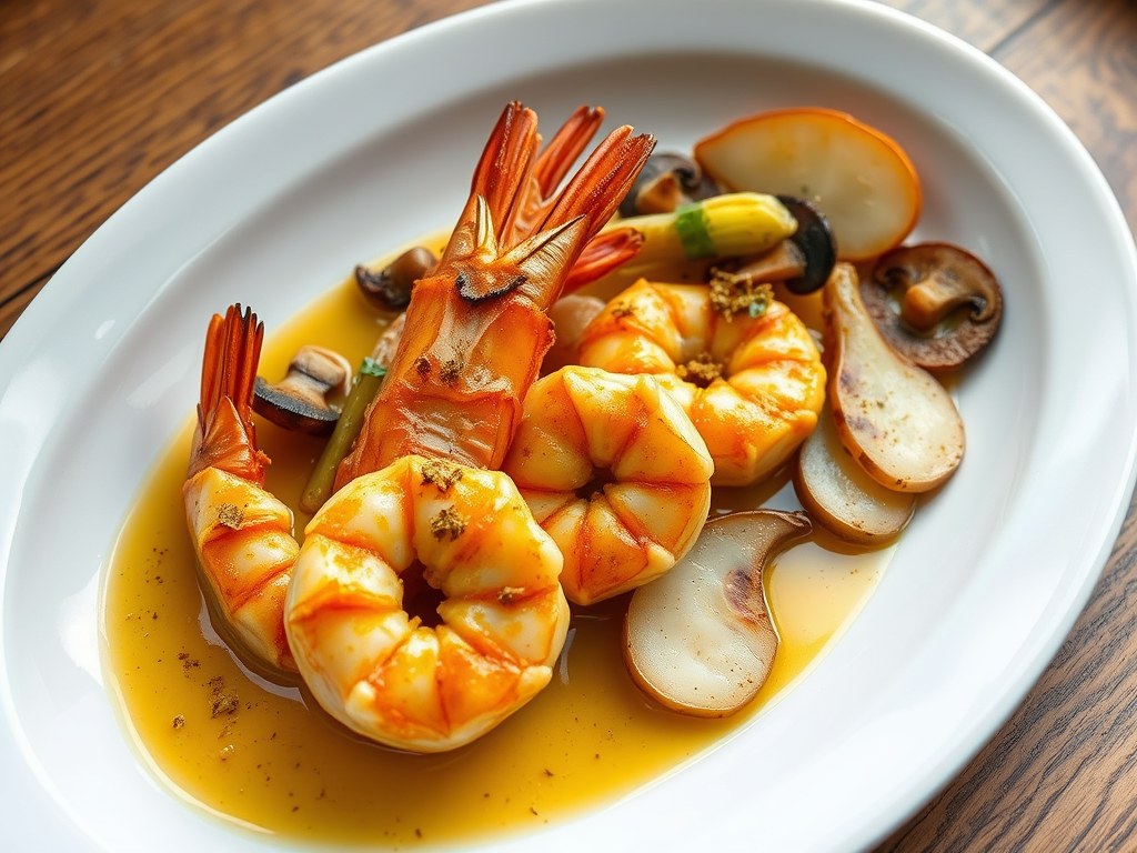 Scampi’s met peer en kerrie, AI-gegenereerde illustratie