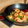 Scampi in de wok met spaghettinestjes en tomatenjam