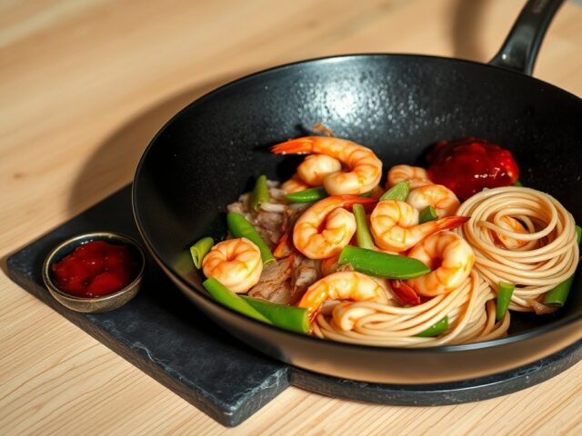 Scampi in de wok met spaghettinestjes en tomatenjam