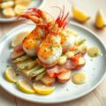 Scampi met asperges en seranoham