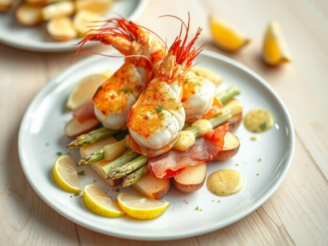 Scampi met asperges en seranoham