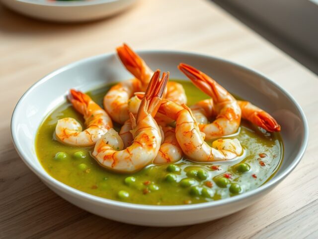 scampi`s in een brons groene saus