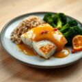 Schelvis met clementine- en roze peperboter, broccoli, volwaardige rijst