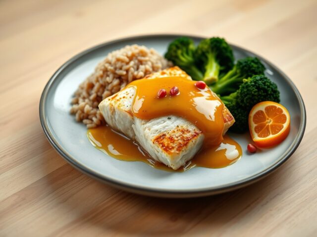 Schelvis met clementine- en roze peperboter, broccoli, volwaardige rijst