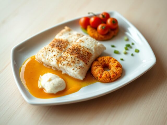 Schelvis met sinaasappelsaus, wortelkoek