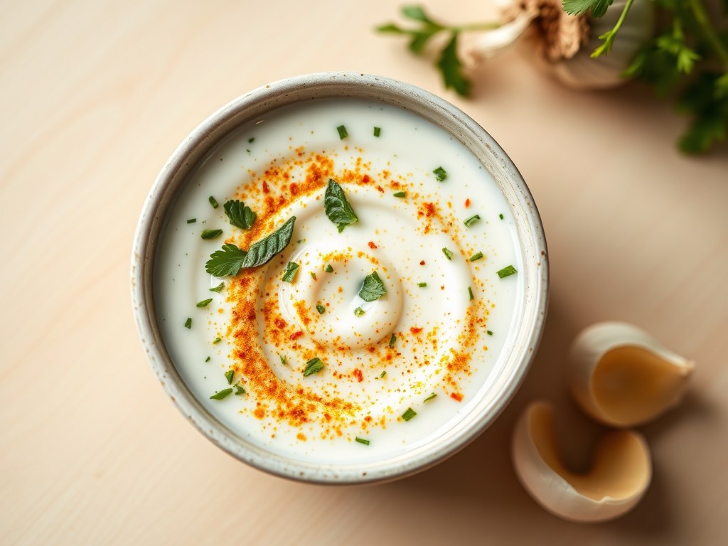 Scherp en fris yoghurt kruidensausje, AI-gegenereerde illustratie