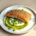 Sesam zalm met bloemkoolcrème en doperwtenpesto