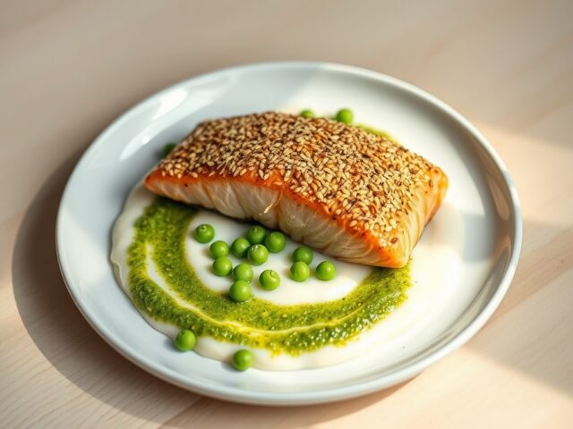 Sesam zalm met bloemkoolcrème en doperwtenpesto