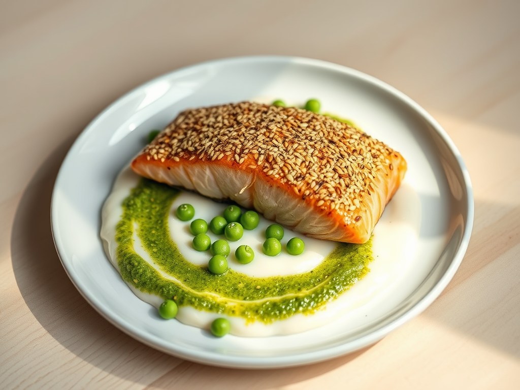 Sesam zalm met bloemkoolcrème en doperwtenpesto, AI-gegenereerde illustratie