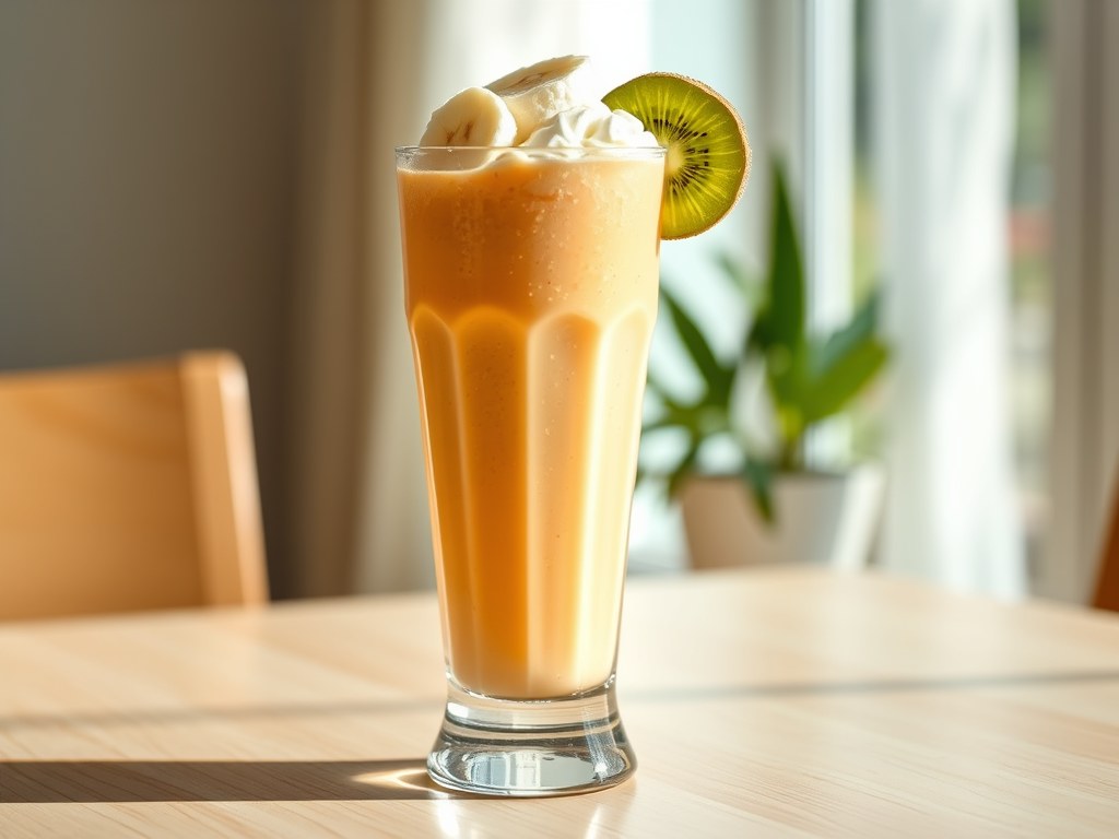 Shake met Hüttenkäse en vruchten, AI-gegenereerde illustratie
