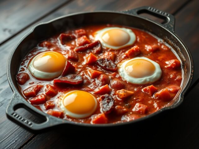 Shakshuka met salami en geroosterde paprika