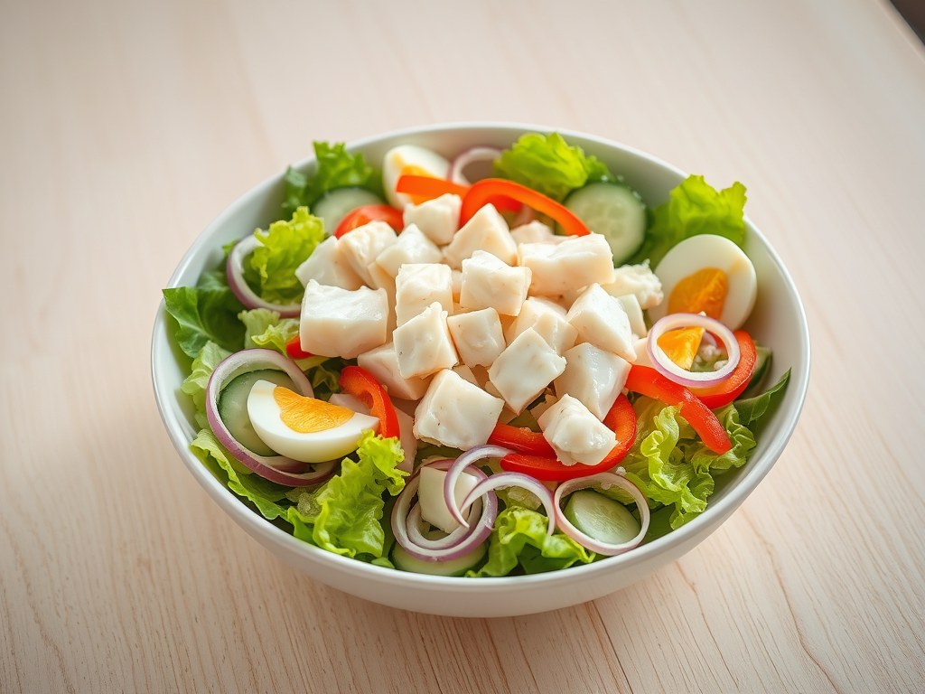 Simpele salade met vis, AI-gegenereerde illustratie