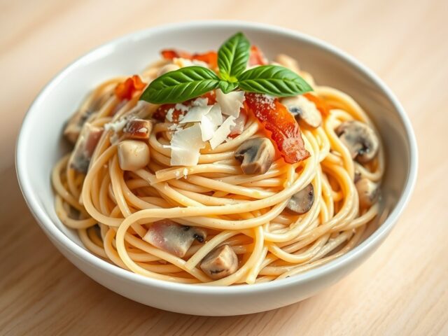 Simpele spaghetti carbonara (zonder ei)