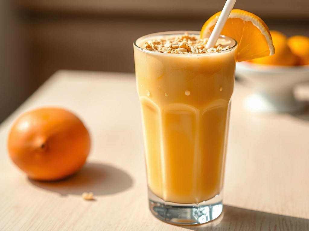 Sinaasappel- mango-shake, AI-gegenereerde illustratie
