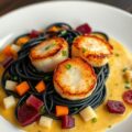 Sint-Jacobsvruchten met zwarte pasta en kerriesaus
