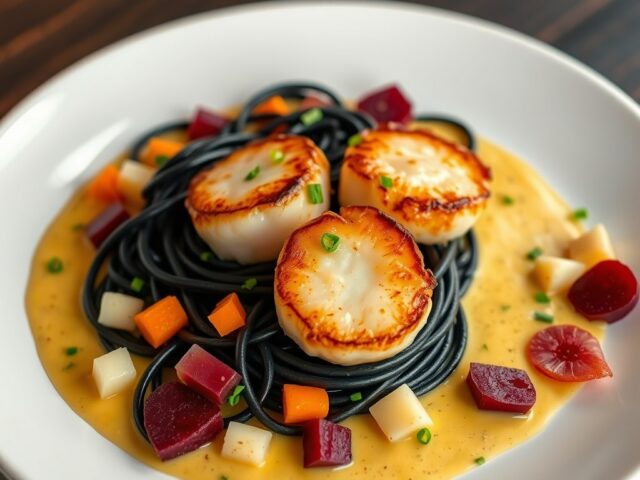 Sint-Jacobsvruchten met zwarte pasta en kerriesaus
