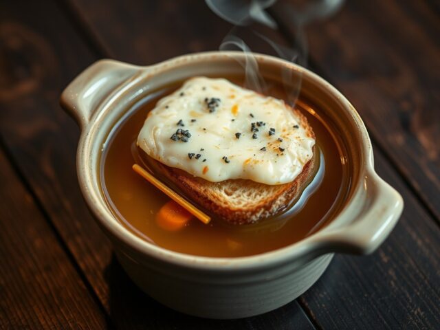 Sjalottenbouillon gegratineerd met roquefort