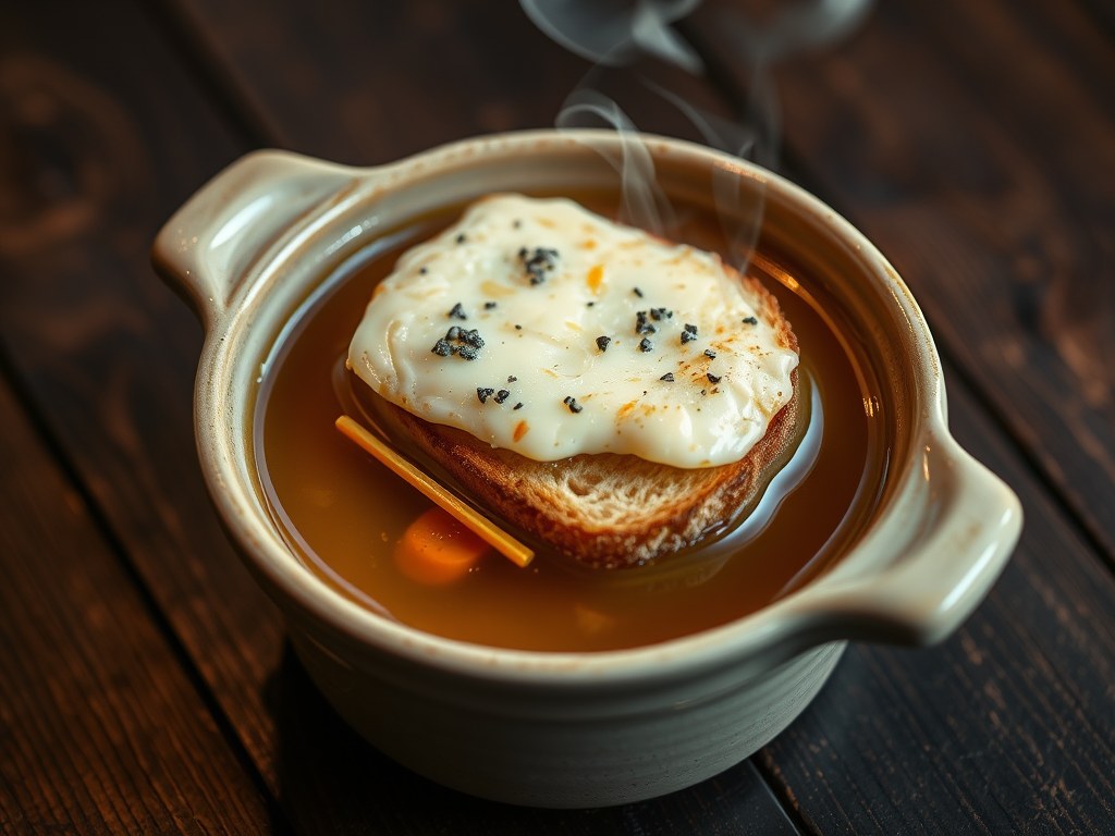Sjalottenbouillon gegratineerd met roquefort, AI-gegenereerde illustratie