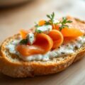 Sjalottenringen met gerookte zalm op een crouton van Turks brood